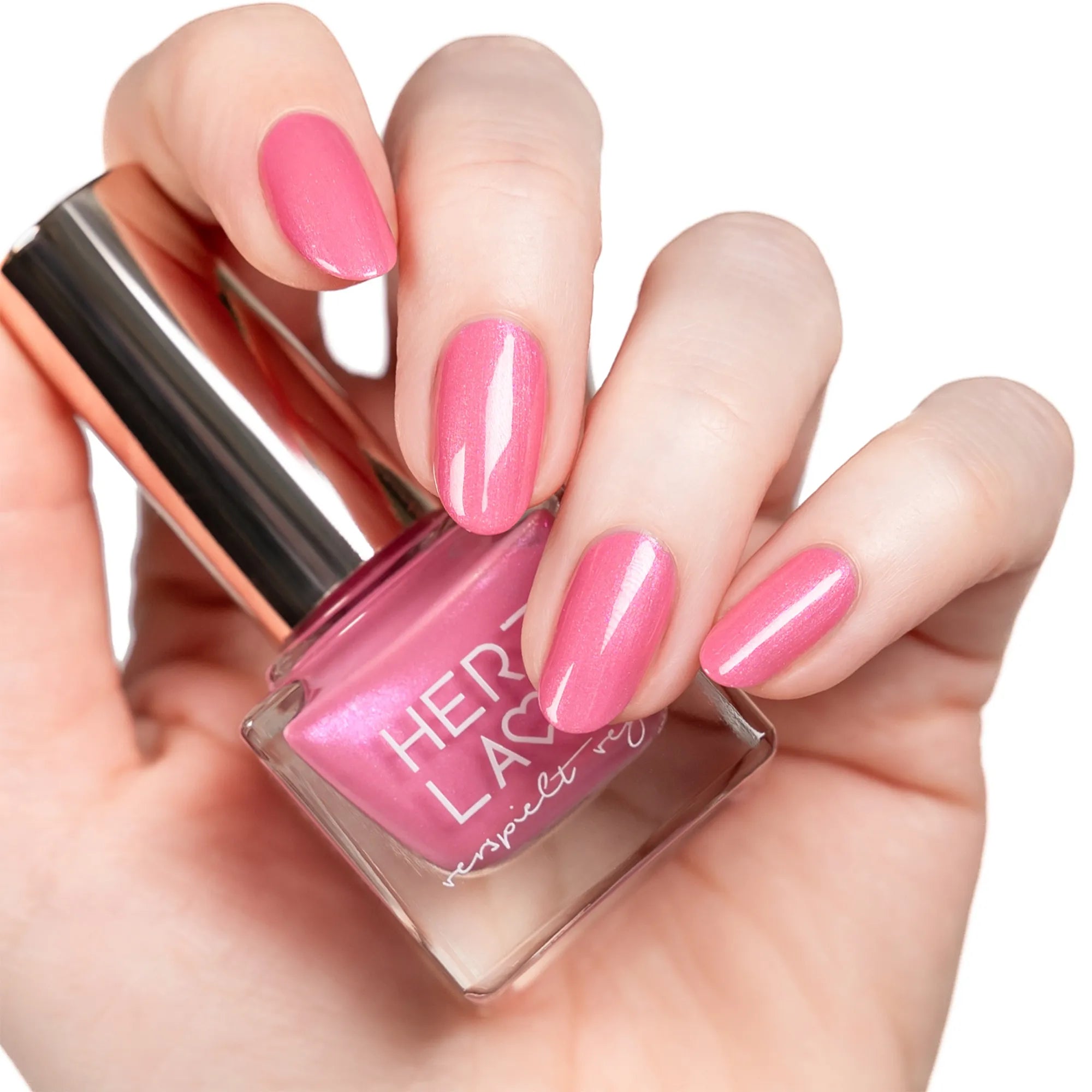 Nahaufnahme Nagellack HERZLACK in der Farbe BauernröschenPfingstrose in rosa pink mit Schimmer